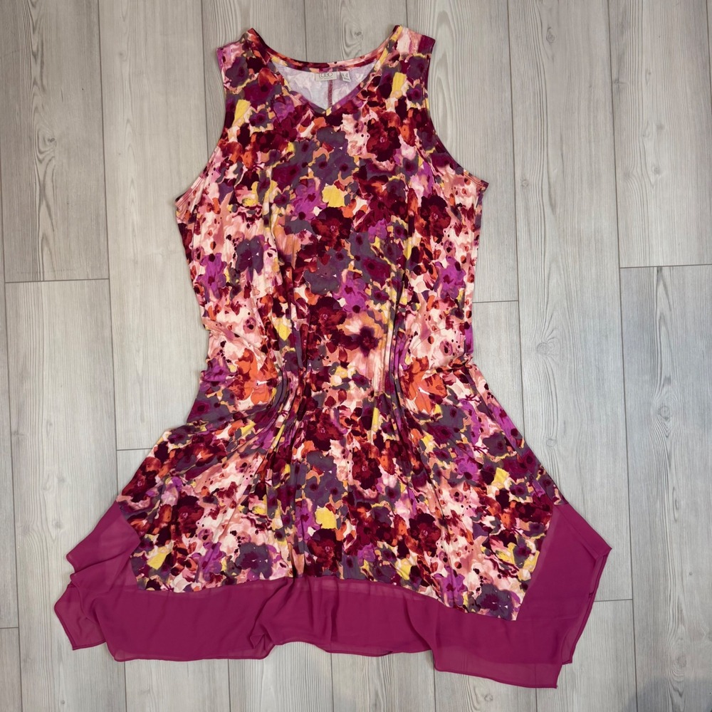 LOGO Lori Goldstein Floral V-Neck Sleeveless Dress Chiffon Hem Purple 3X A305433
